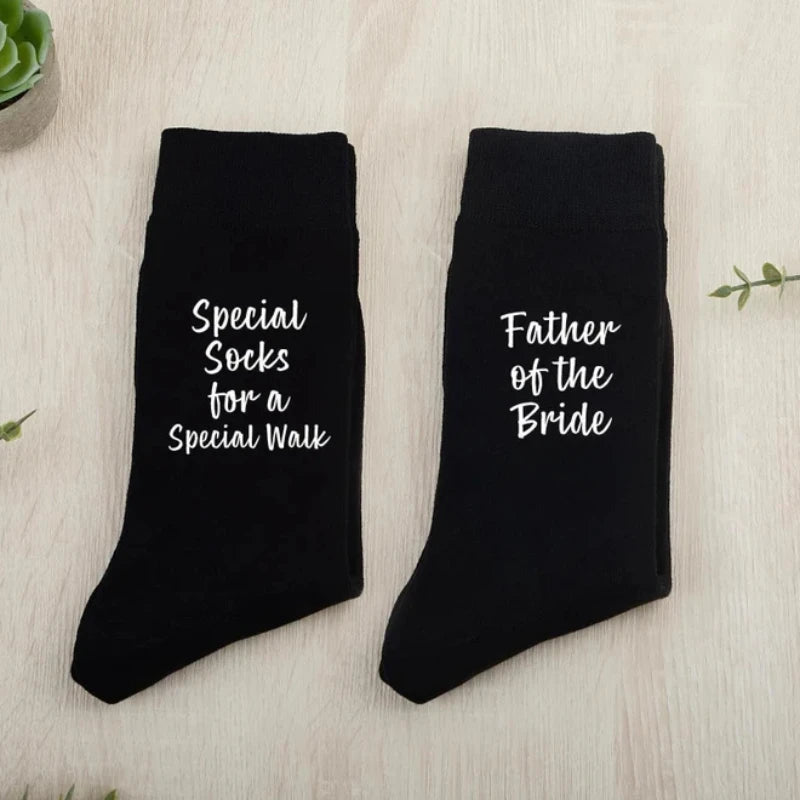 Father of the Bride wedding socks – black pair with ‘Special socks for a special walk’ text