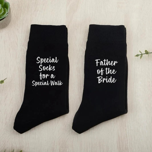 Father of the Bride wedding socks – black pair with ‘Special socks for a special walk’ text