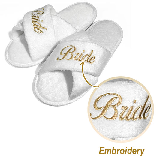 Luxury bridesmaid slippers – white plush with gold embroidery saying "Bride"
