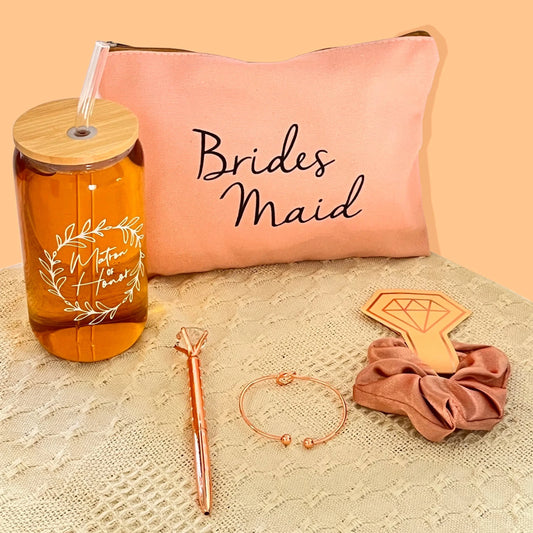 Bridesmaid Proposal Gift Kit with tumbler, makeup bag, scrunchie, bracelet, and diamond pen – perfect bridesmaid proposal gift set
