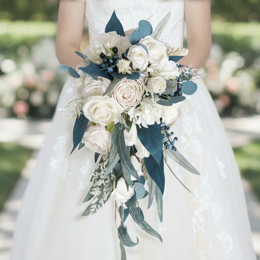 Champagne & Blue Cascading Bridal Bouquet