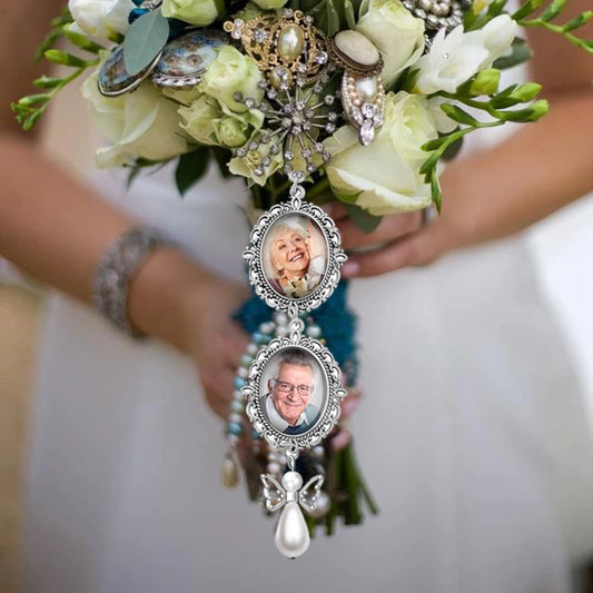 Wedding bouquet photo charm with silver-tone frame