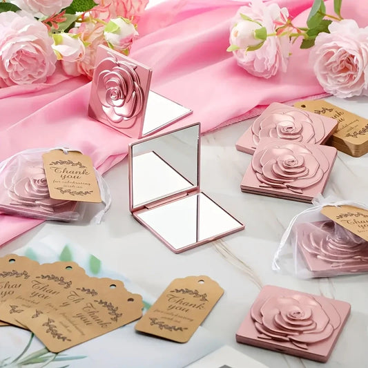 Foldable rose makeup mirrors – wedding favour set of 5 with pouch and thank you tag