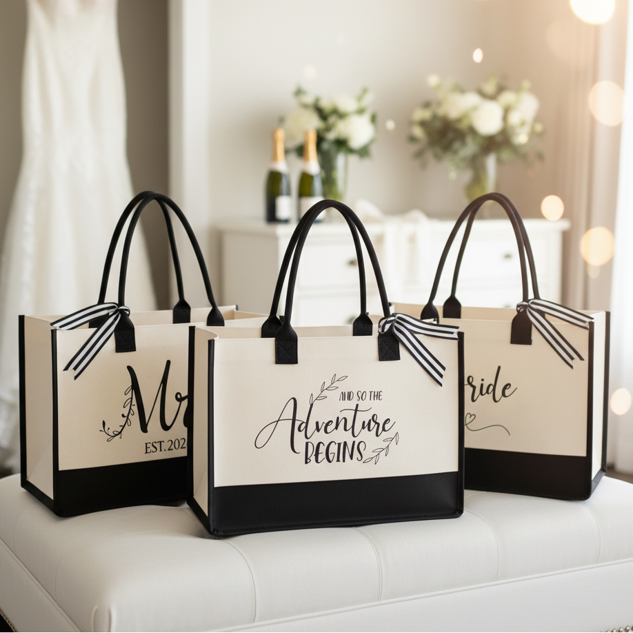Three tote bags with 'Mrs', 'Est. 2026', and 'Bride' text on a white background