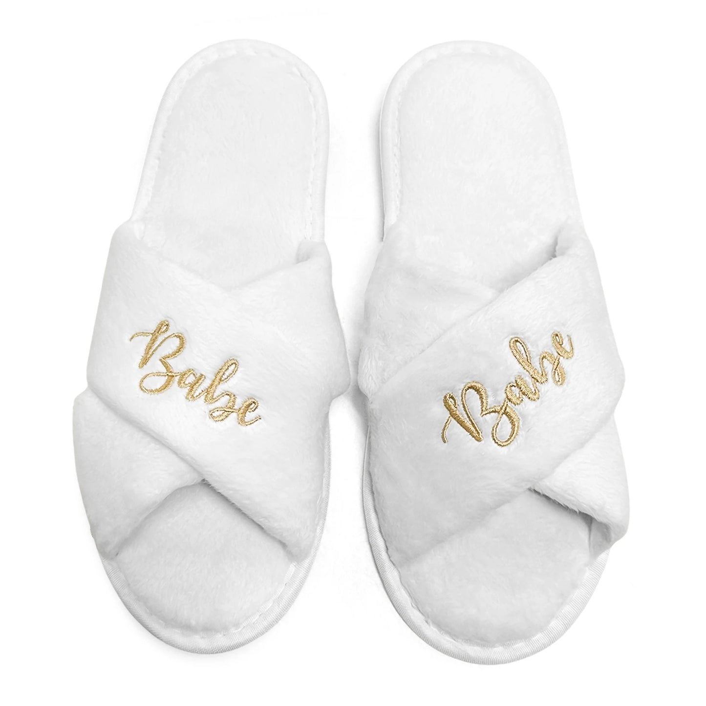 Luxury Bridesmaid & Bride Slippers – White Plush with Gold Embroidery