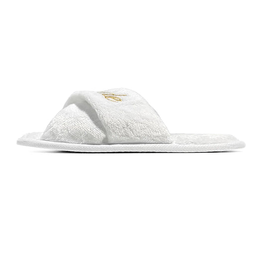 Luxury Bridesmaid & Bride Slippers – White Plush with Gold Embroidery