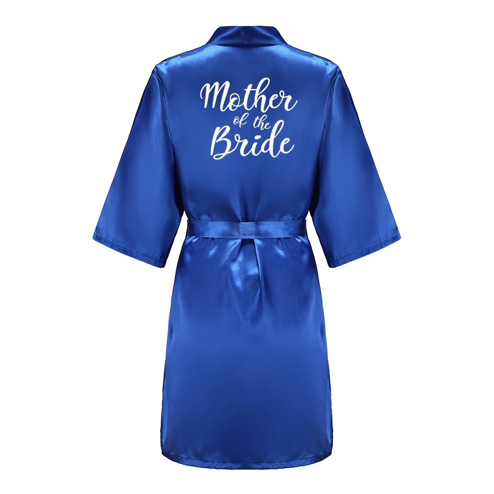 Blue satin robe with 'Mother of the Bride' text on a white background