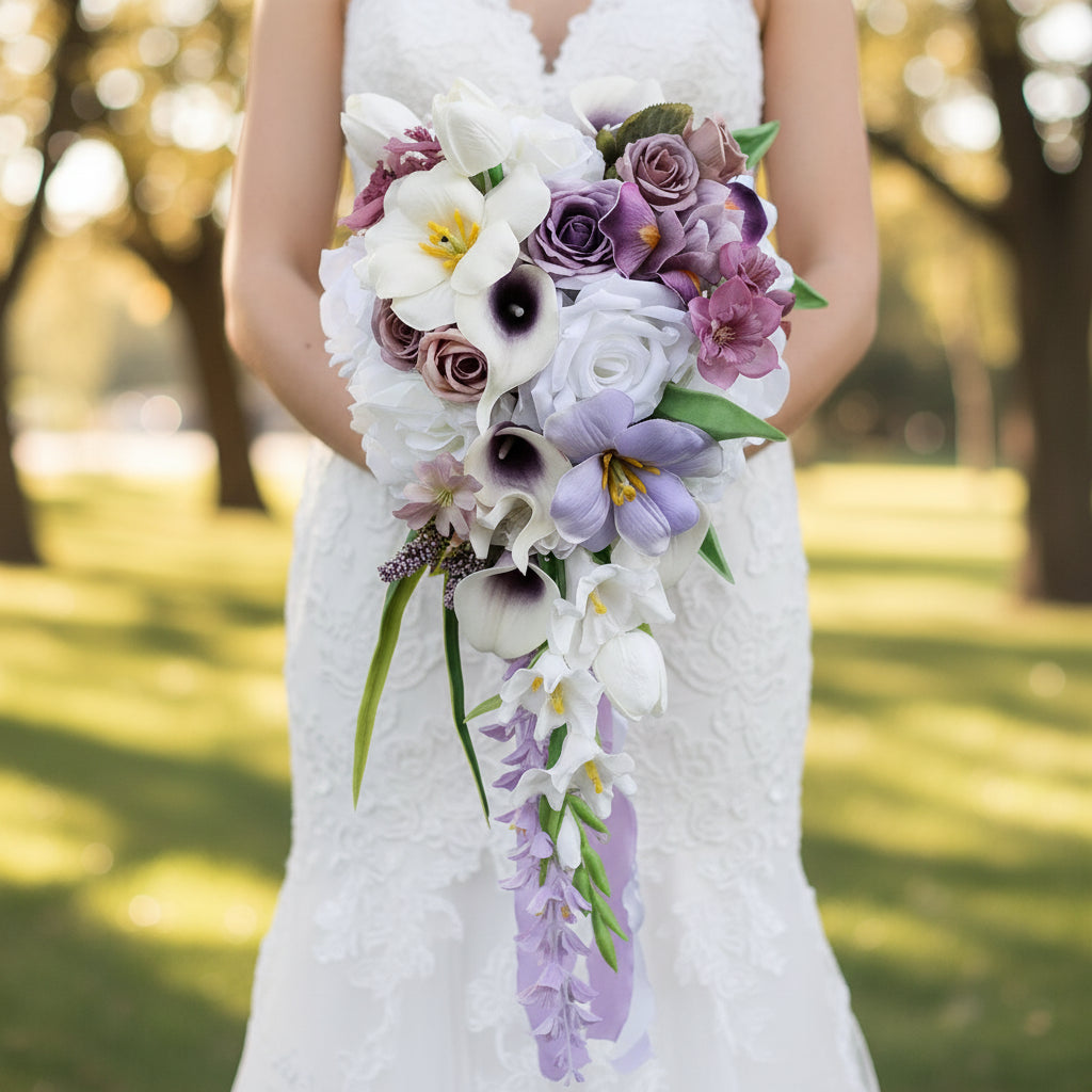 Purple & White Cascading Bridal Bouquet