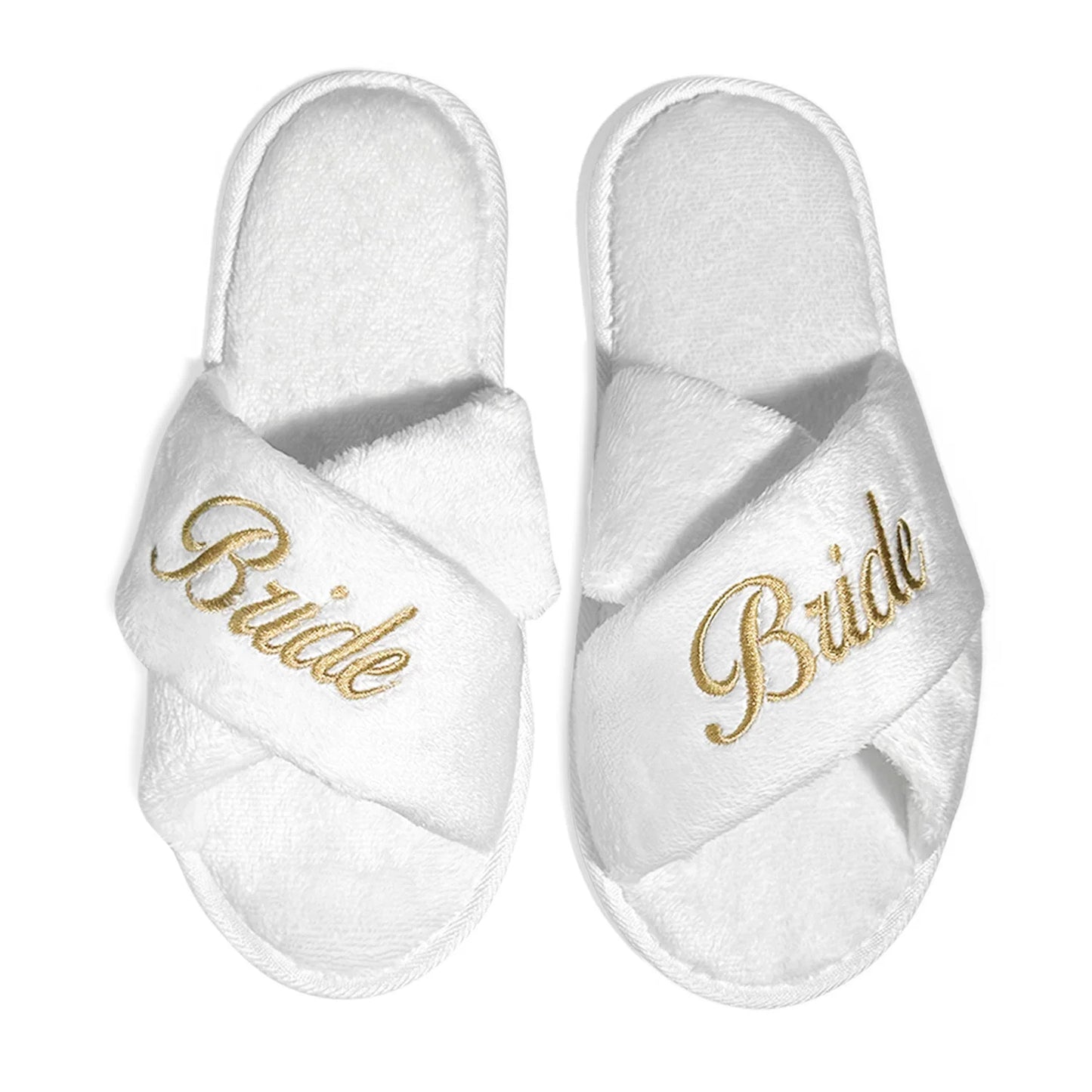 Luxury Bridesmaid & Bride Slippers – White Plush with Gold Embroidery