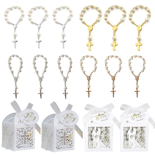 Gold and silver cross rosary bead wedding favours in gift boxes