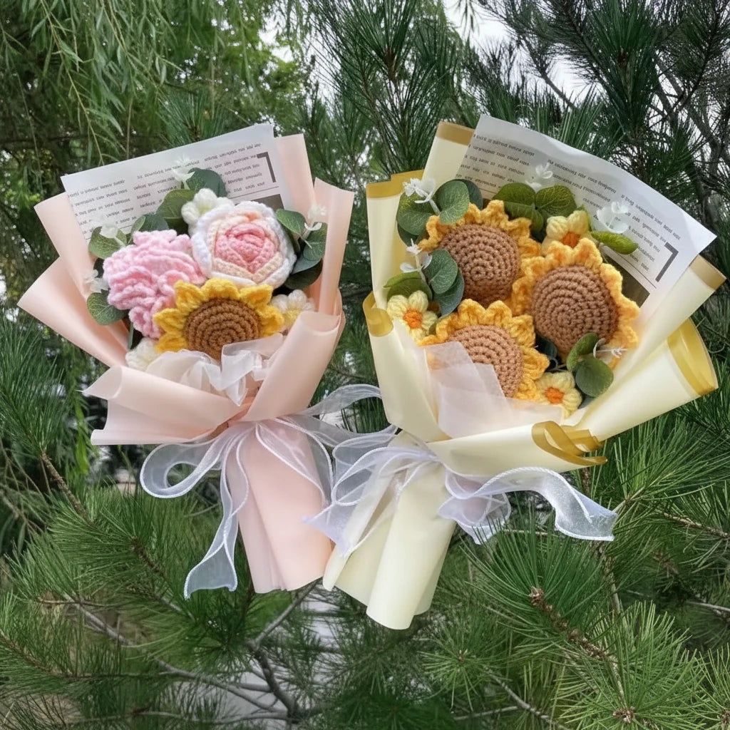 Crocheted flower bouquets with sunflowers and roses against a green leafy background.