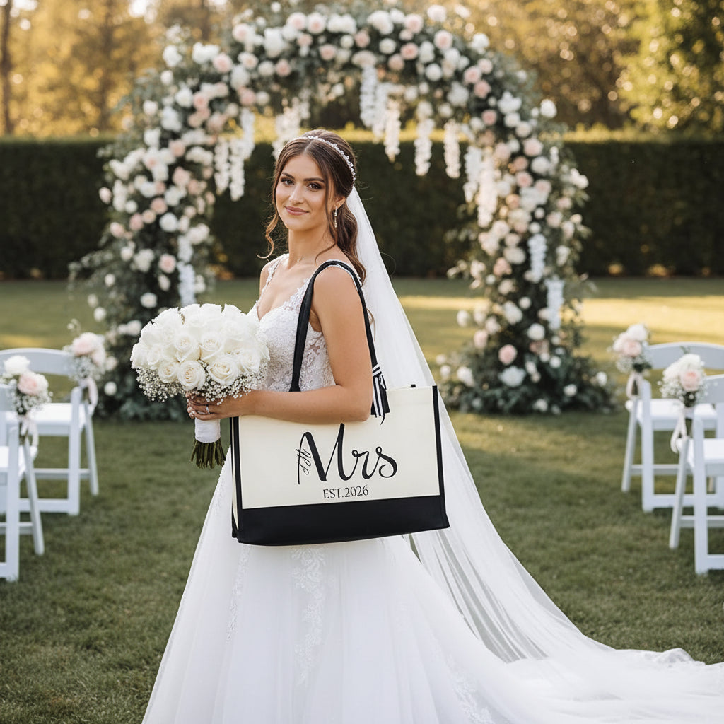 Woman in a wedding dress holding a tote bag with 'Mrs. EST. 2026' text, standing outdoors.