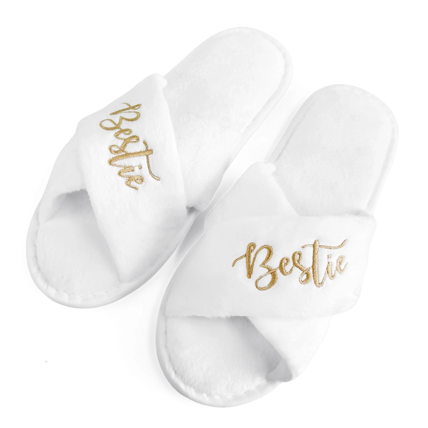 Luxury Bridesmaid & Bride Slippers – White Plush with Gold Embroidery