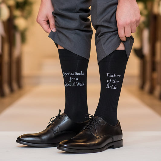 Father of the Bride wedding socks – black pair with ‘Special socks for a special walk’ text