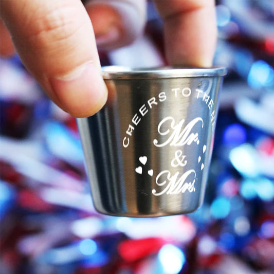 12 wedding shot glass favour sets with mini metal shot glasses, thank you cards, and organza bags
