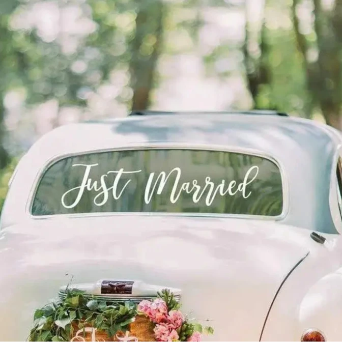 "Just Married" Sticker on car rear window