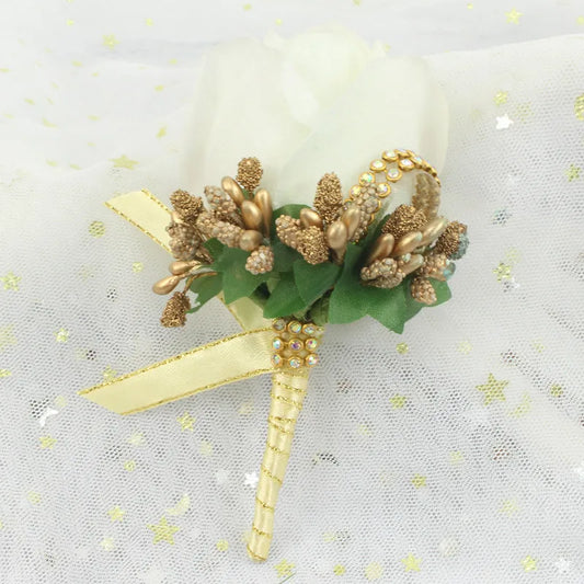 Artificial floral wedding buttonhole with ribbon finish