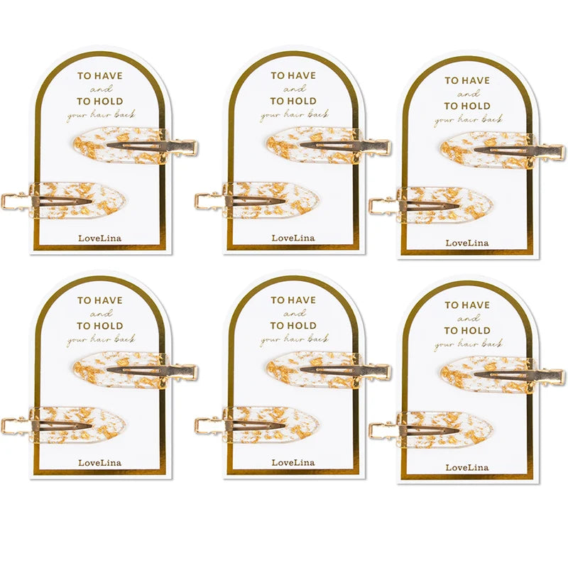 6 Pairs of Gold Bridal Party Make-up Hair Setting Clips on sentimental gift card.