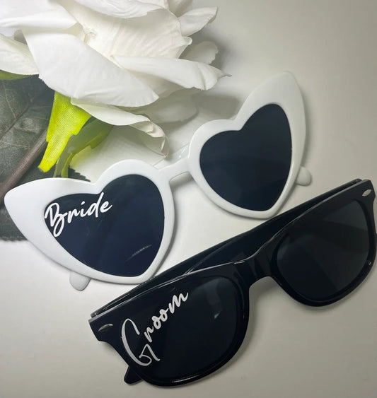 Bride and Groom sunglasses wedding accessory – white heart-shaped bride and black groom frames