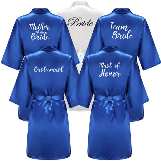 Set of blue satin robes with text for bride, bridesmaids, and mother of the bride.