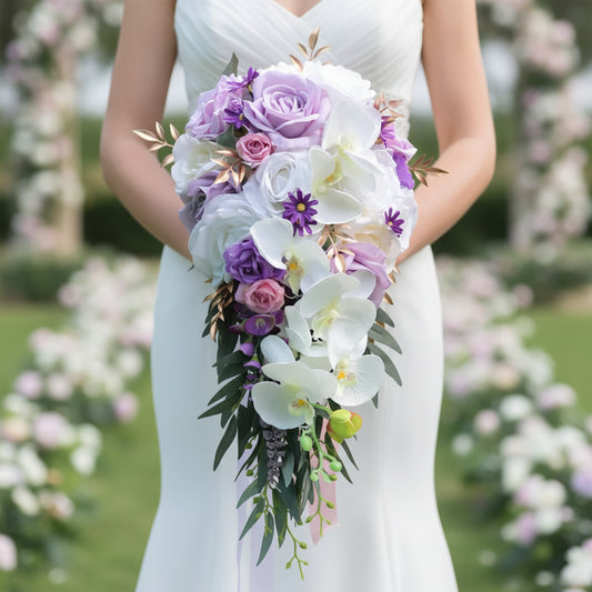 Purple & White Cascading Bridal Bouquet