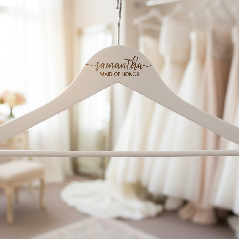White hanger with 'Samantha Maid of Honor' text on a gray background