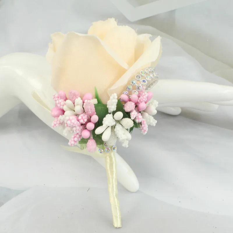 Champagne artificial floral wedding buttonhole with ribbon finish