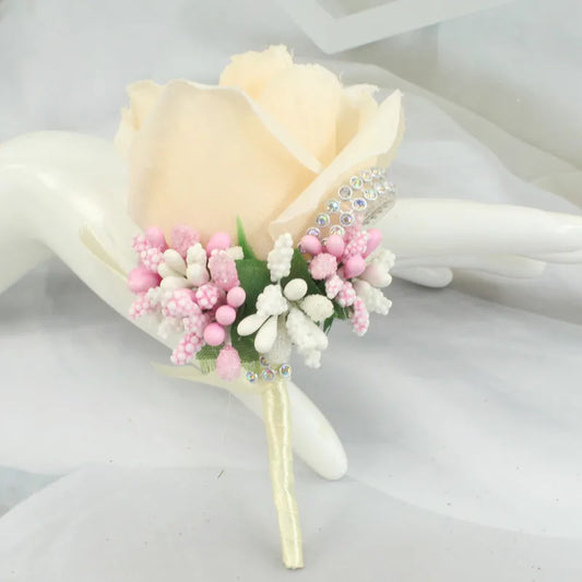 Champagne artificial floral wedding buttonhole with ribbon finish