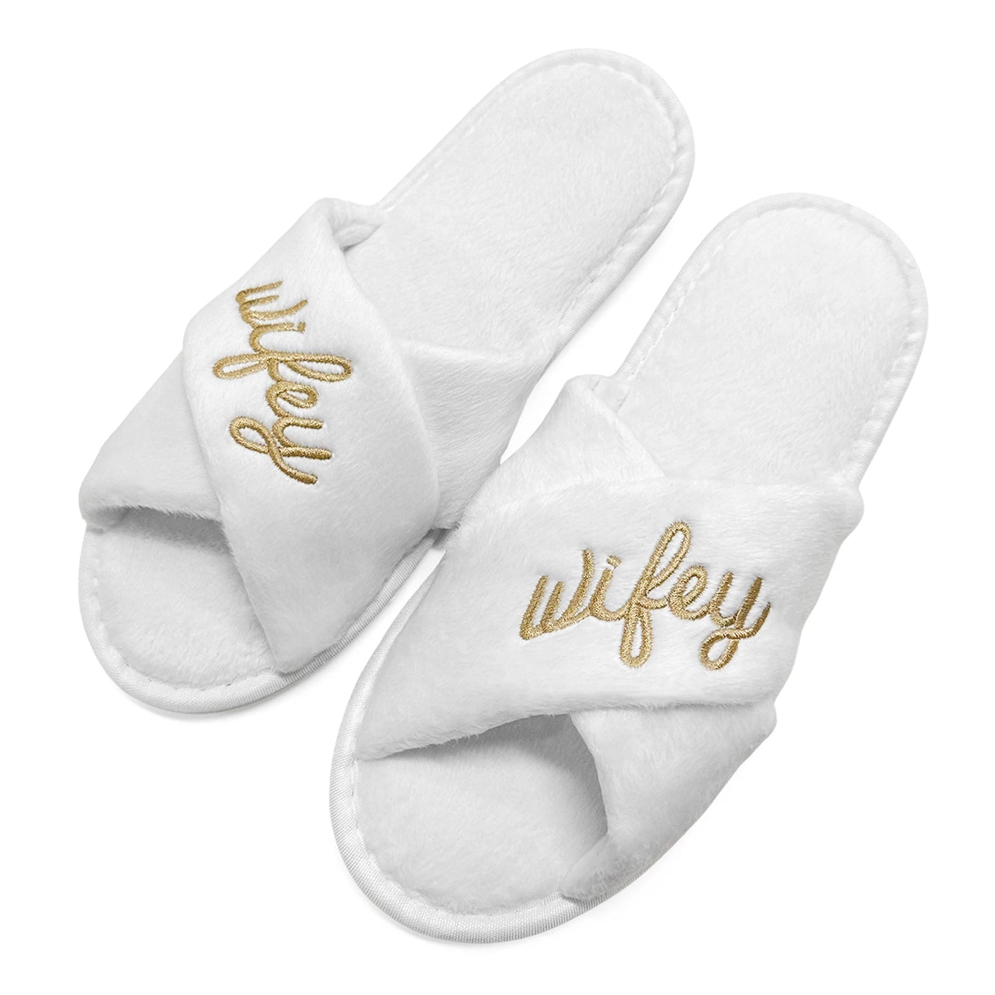 Luxury Bridesmaid & Bride Slippers – White Plush with Gold Embroidery
