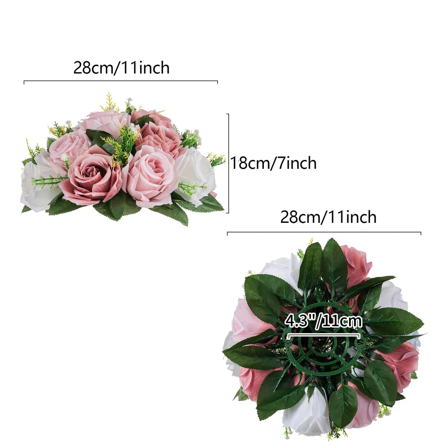 Two floral arrangements with measurements on a white background