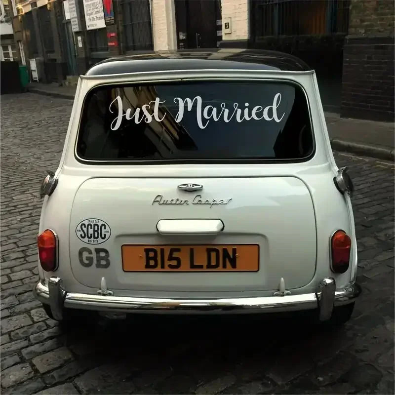 "Just Married" Sticker on car rear window