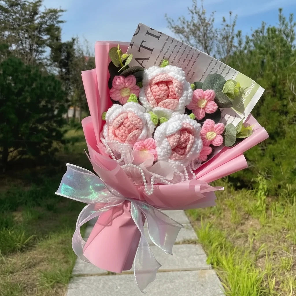 Bouquet of pink and white flowers wrapped in pink paper with a bow.