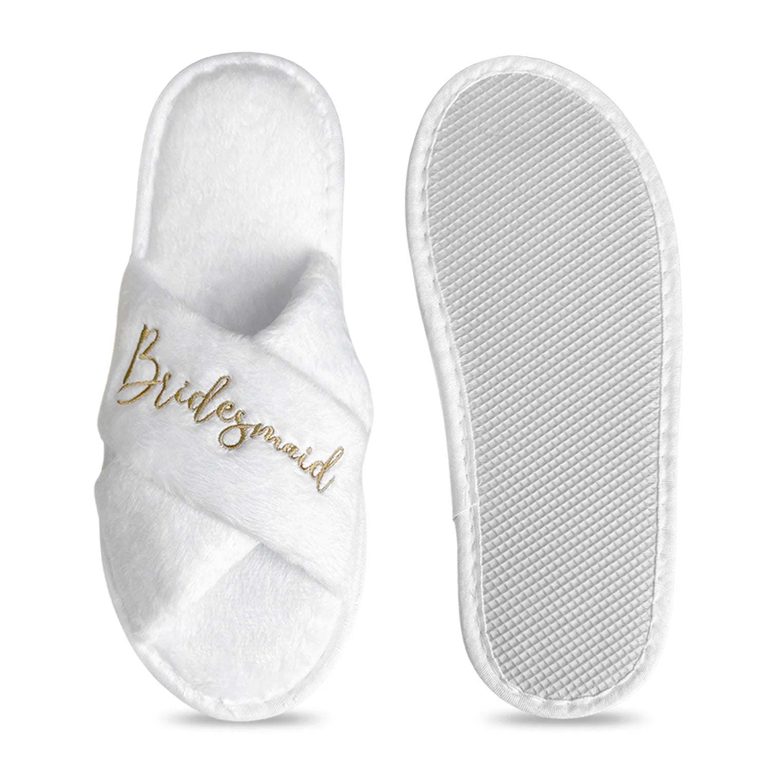 Luxury bridesmaid slippers – white plush with gold embroidery