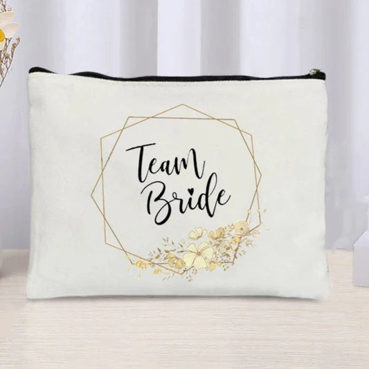 White wedding makeup bag with Bride and Team Bride text