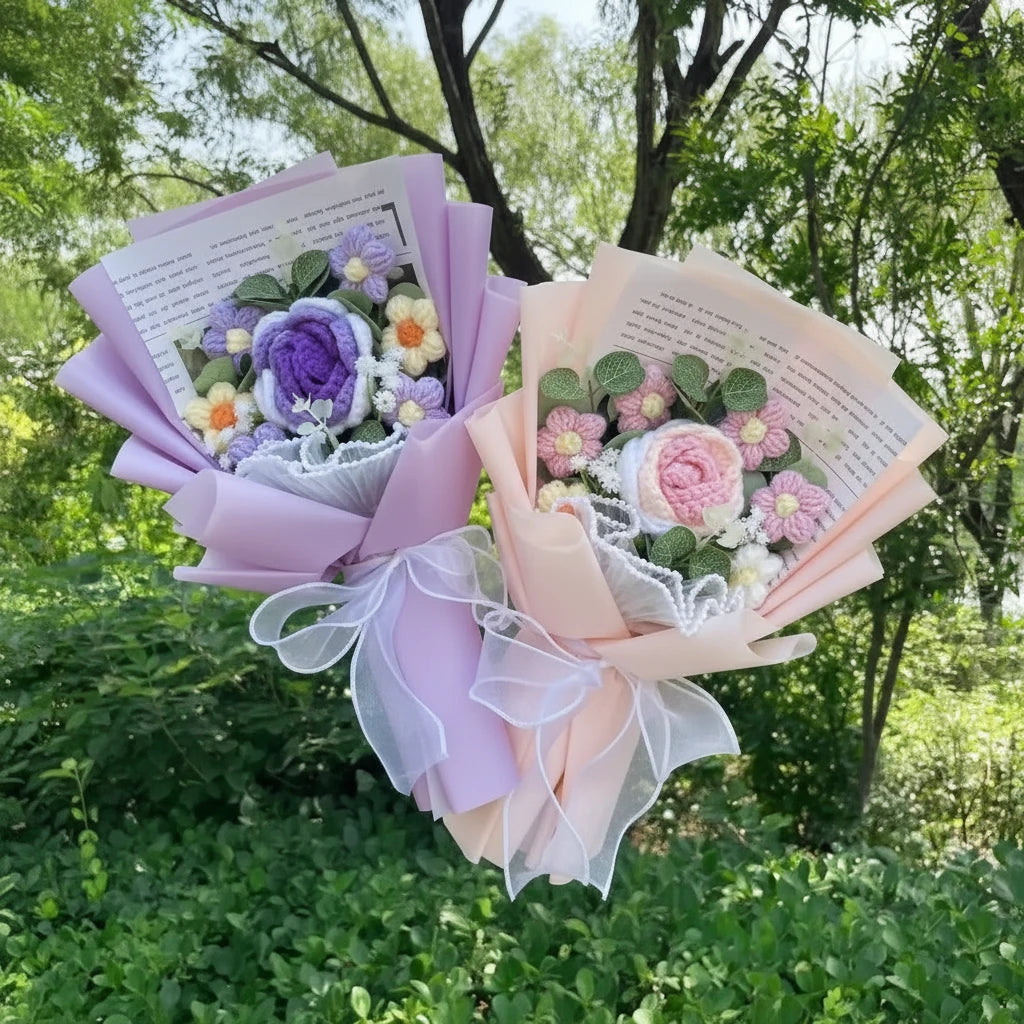 Two handcrafted flower bouquets held against a green outdoor background