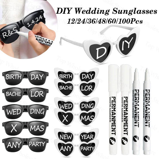 DIY wedding sunglasses with personalising pen – bridal party favour idea