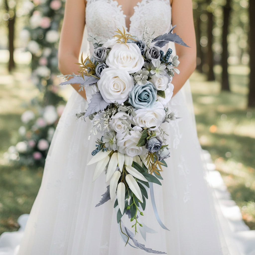 Blue & Grey Cascading Bridal Bouquet