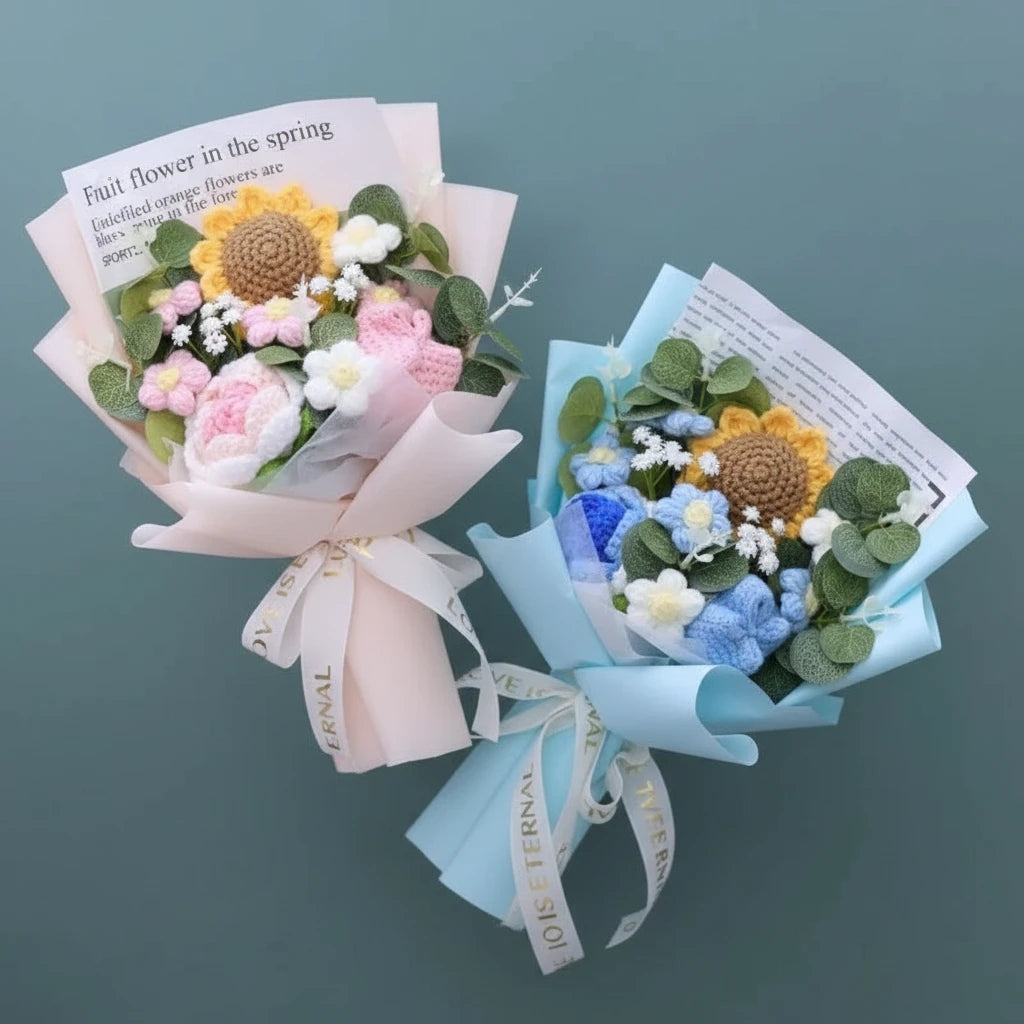 Two handcrafted flower bouquets with ribbons against a gray background