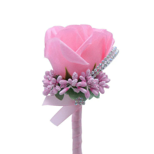 Artificial floral wedding buttonhole with ribbon finish