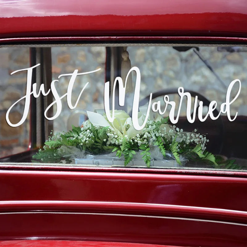 "Just Married" Sticker on car rear window