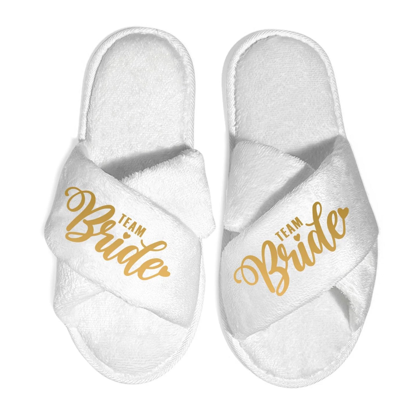 Luxury Bridesmaid & Bride Slippers – White Plush with Gold Embroidery
