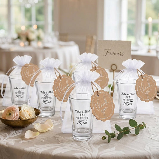 Clear glass favor bags tied with white ribbon and decorated with printed tags reading 'Take a Shot & Take a Knot' arranged on a decorated wedding table with flowers and a table card.