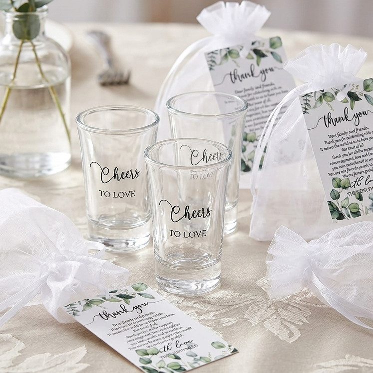 Three clear glass cups printed with 'Cheers TO LOVE' arranged on a beige patterned tablecloth, alongside white drawstring gift bags and printed thank-you cards with greenery graphics. A glass vase with eucalyptus stems sits in the background, and warm blurred lights appear out of focus behind the setup.