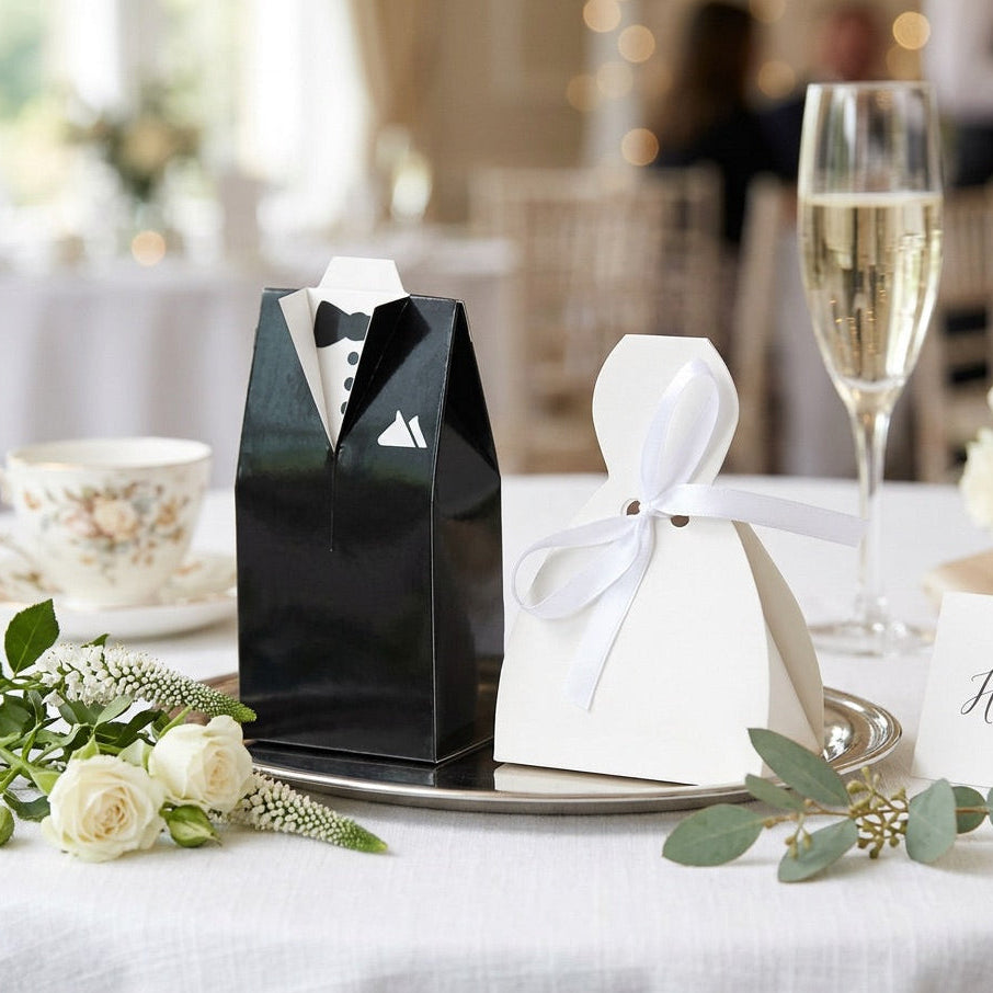 Black and white favor boxes shaped like tuxedos and dresses on a table with flowers and a glass of champagne.