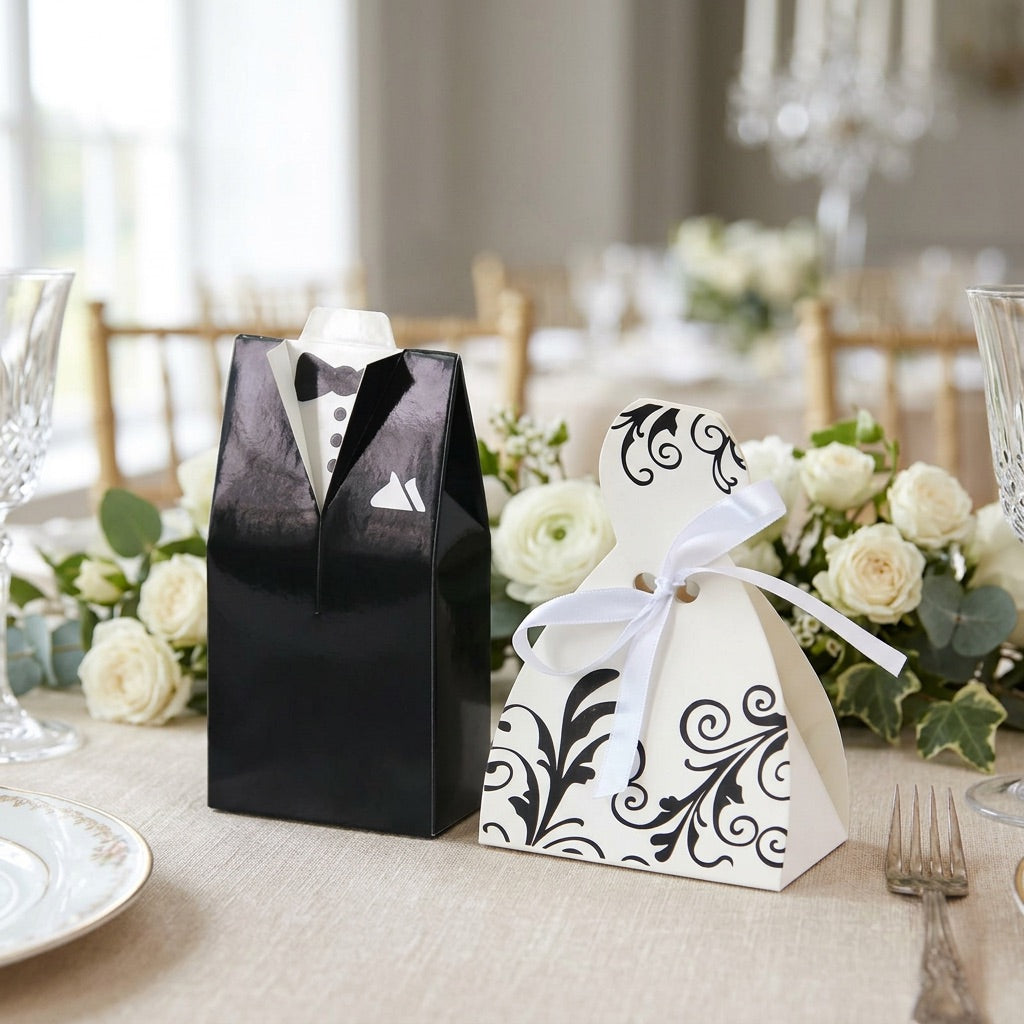 Black and white favor boxes on a table with floral decorations and chairs in the background