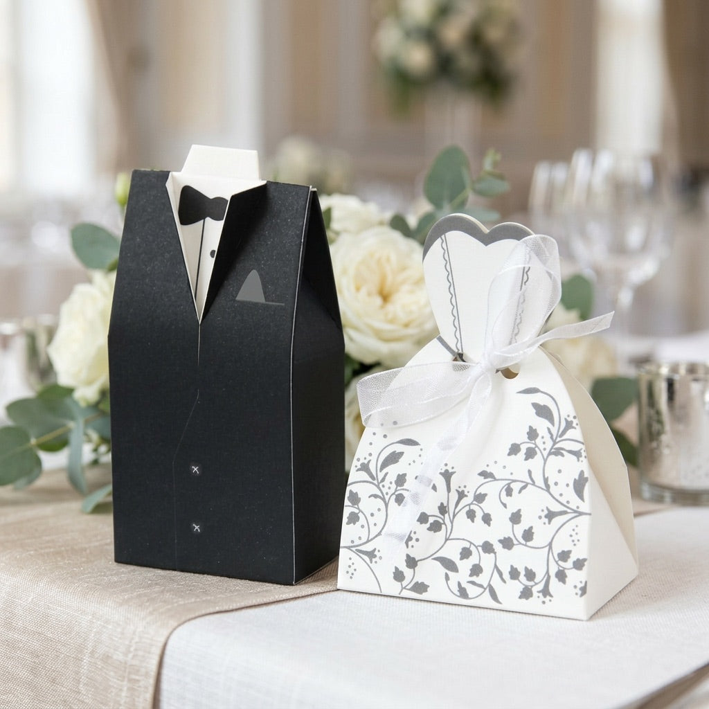 Black tuxedo-shaped gift box and white floral-patterned box on a table with flowers and glasses in the background.