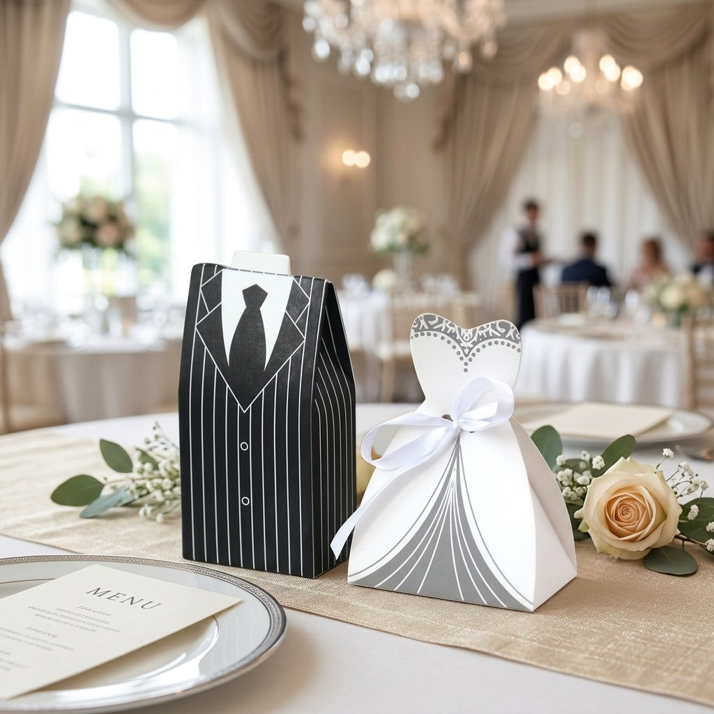 Decorative boxes shaped like a wedding dress and suit on a table with floral arrangements and a blurred background of a wedding reception.