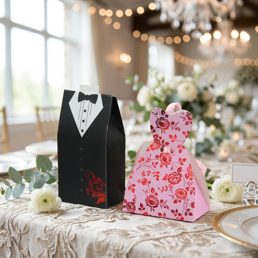 Black tuxedo and pink floral favor boxes on a decorated table with flowers and lights in the background.