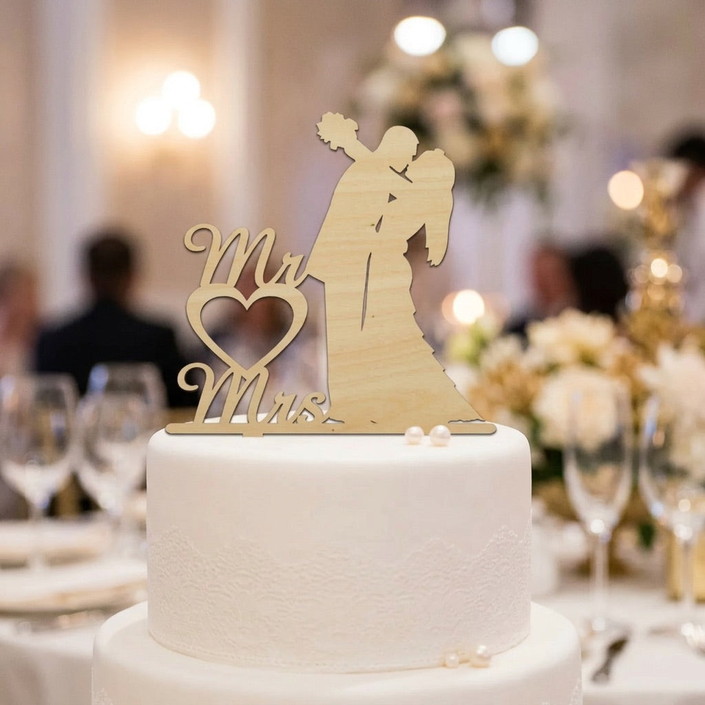 Wedding cake with 'Mr and Mrs' topper in a celebratory setting