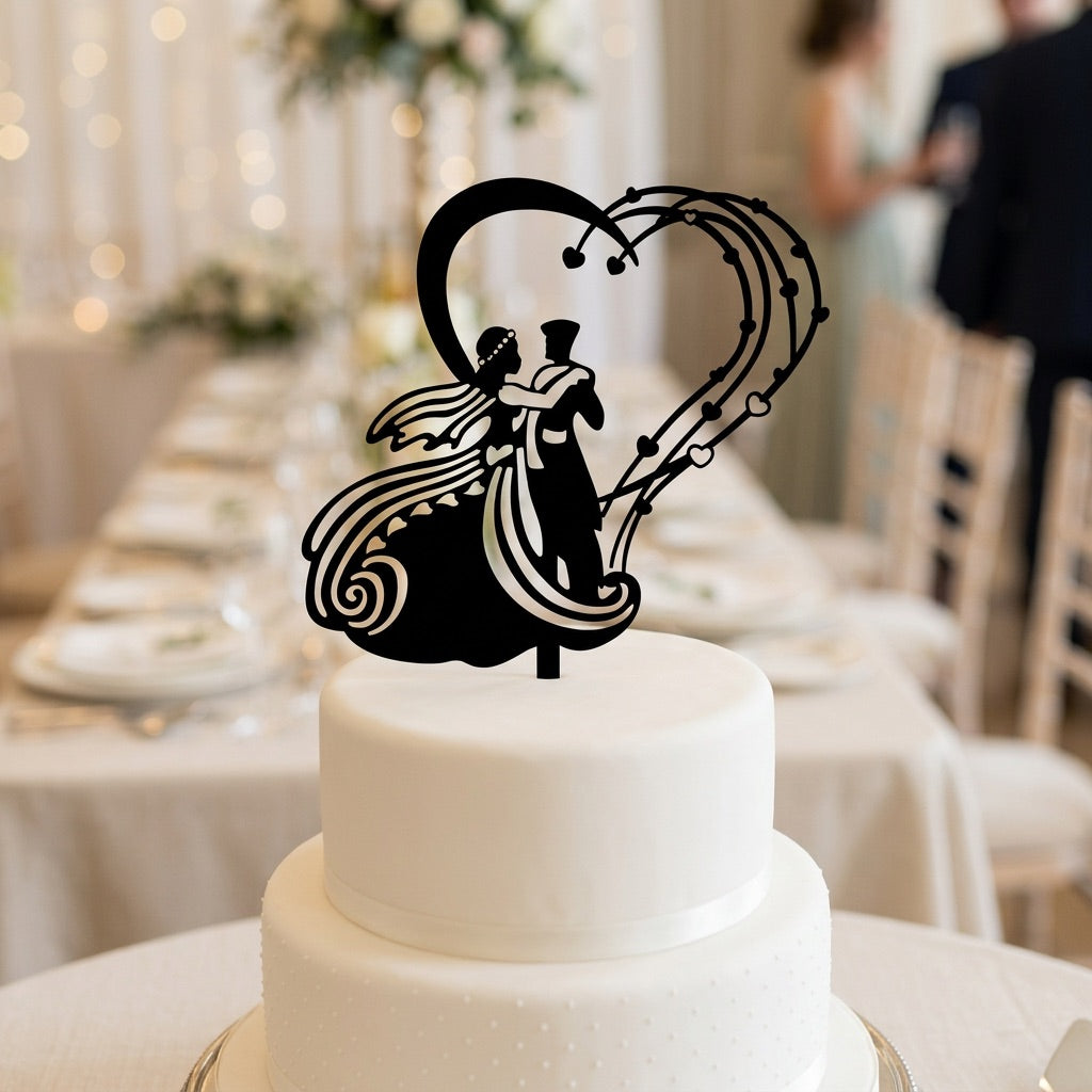 White wedding cake with a decorative black topper featuring two figures in a heart shape, set against a blurred wedding reception background.